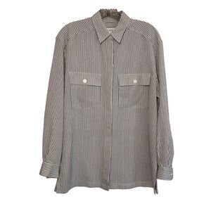 Chaus Black and White Striped Button-Up Long Sleeve Blouse